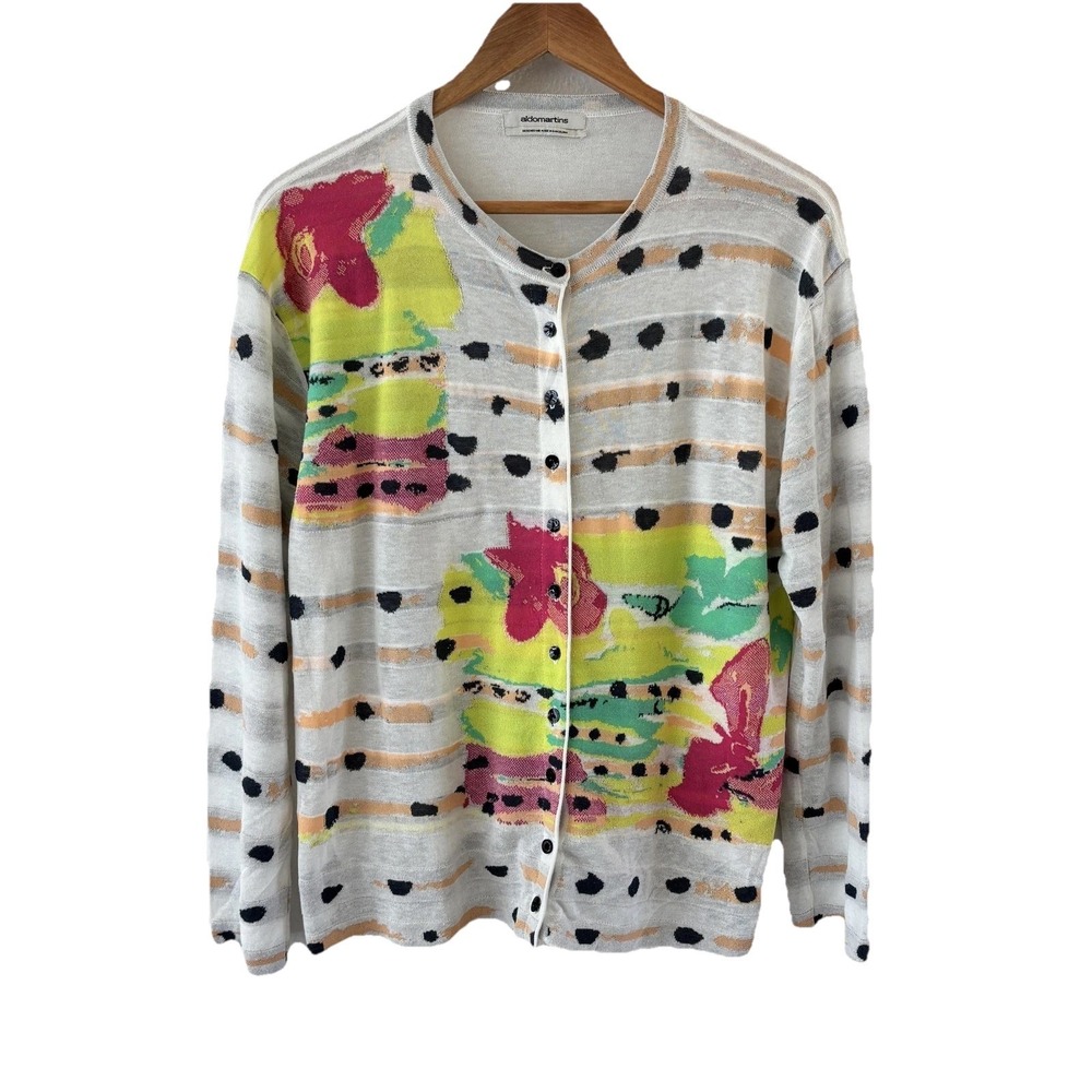 Aldo Martins Floral Dot Cardigan Sweater Womens Size 14 Bamboo Cotton Artsy